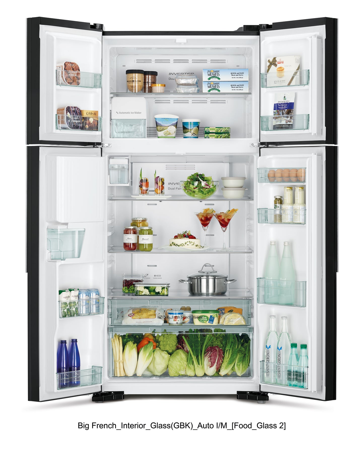 HITACHI Big French Glass 4 Door - Water Dispenser - Automatic Ice Maker - (27ft) INVERTER - R-W760PK7X